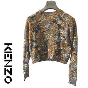 kenzo y2k flying tiger pattern knit with mesh lace wool poly mix sweater